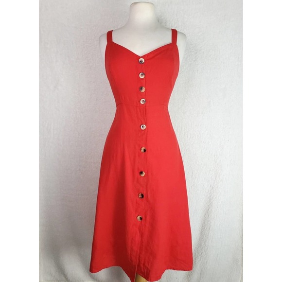 Japna Coral Button Front Back Tie Linen Dress - Picture 2 of 8